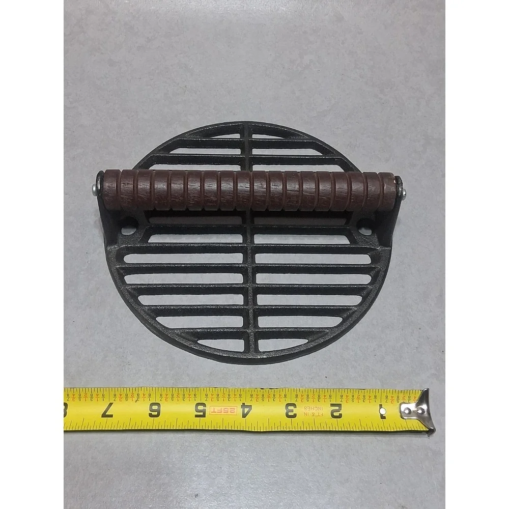 Cast Iron Meat Bacon Burger Slotted Press wood handle 7.5